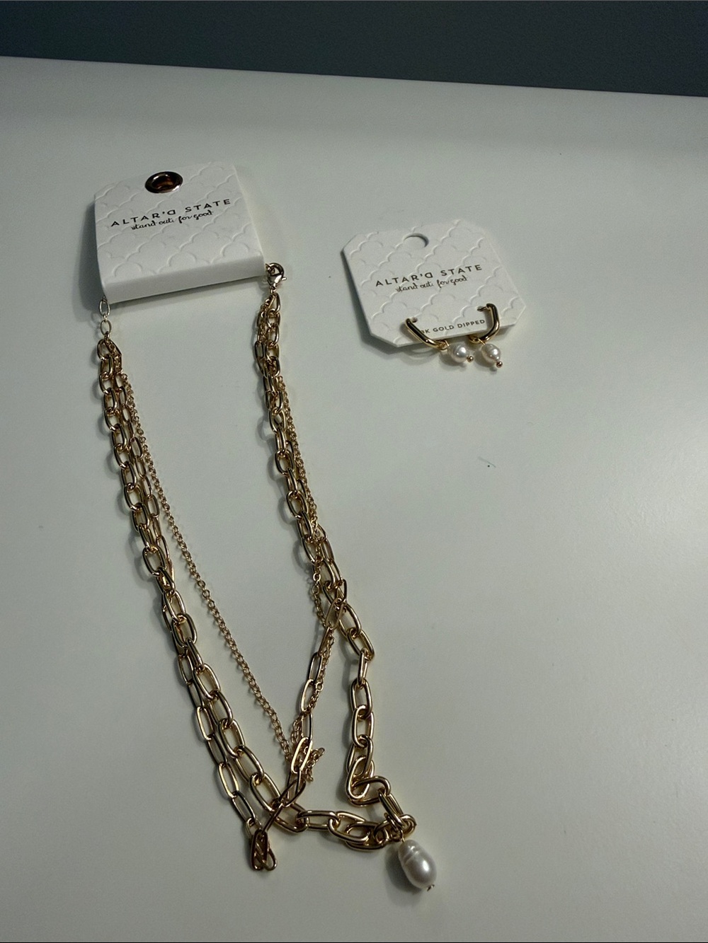 Altar'd State Gold-Tone Layered Chain Necklace with Pearl Drop + Earrings